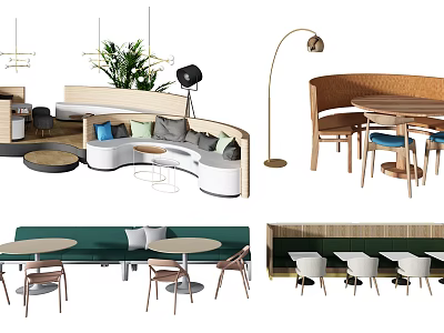 Modern Public Chairs With Curved Cushioned Seats And Round Tables In Dining Area 3d model