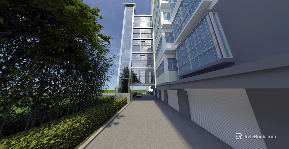 Tall Modern Residential Building with Glass Facade and Green Landscaping Along Driveway and Garage Entrances 3d model 