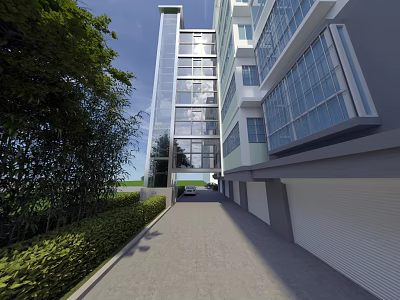 Tall Modern Residential Building with Glass Facade and Green Landscaping Along Driveway and Garage Entrances 3d model