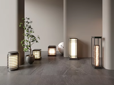 Sleek Modern Outdoor Lights In Various Styles With Plant Decor For Patio Garden Space 3d model