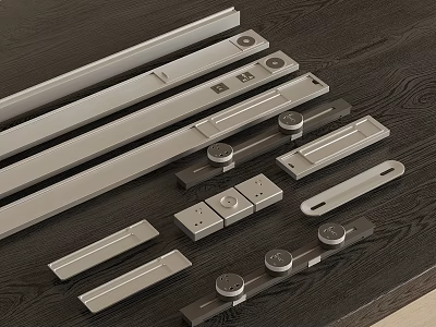 Modern Metal Furniture Hardware Components With Drawer Slides And Handles On Dark Wooden Surface 3d model