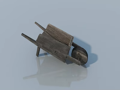 Vintage Wooden Wheelbarrow With Two Wheels On Shiny Reflective Surface 3d model