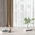 Modern Gray And Beige Curtains With Sheer White Layer And Indoor Plant On Wooden Floor