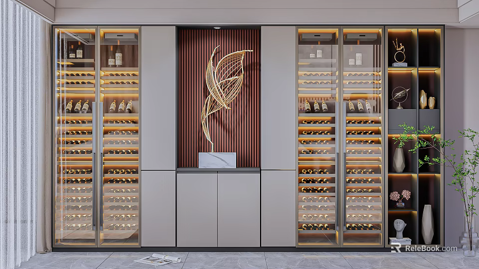 Elegant Modern Wine Cabinet With Glass Doors LED Lighting And Multiple Wine Racks 3d model 