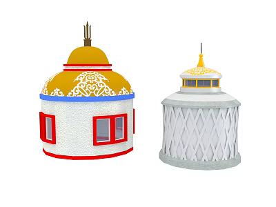 Colorful Decorative Tents With Yellow Domed Red Windows And White Diamond Patterns 3d model