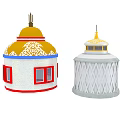 Colorful Decorative Tents With Yellow Domed Red Windows And White Diamond Patterns