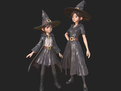 Two Witch Characters Standing In Black Robes With Pointed Hats Belts And Boots 3d model