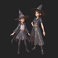 Two Witch Characters Standing In Black Robes With Pointed Hats Belts And Boots