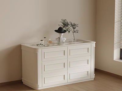 White Cabinet with Black Hat Perfume Plant in Beige Room with Window and Wooden Floor 3d model