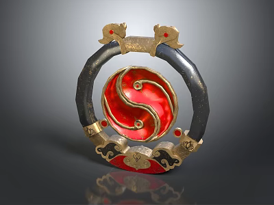 Decorative Ornament Set With Circular Black Ring Red Gold Yin Yang Pattern And Golden Decorations 3d model