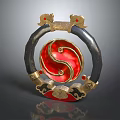 Decorative Ornament Set With Circular Black Ring Red Gold Yin Yang Pattern And Golden Decorations