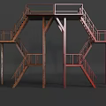 Industrial Metal Staircase With Multiple Platforms Red Railings And Support Columns 3d model