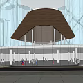 Modern Waterfront Sales Office Building with Circular Design White Roof Glass Structure and Surrounding Greenery