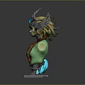 Mythical Female Creature Bust Featuring Green Skin Elaborate Headpiece Blue Gemstones And Wave Base
