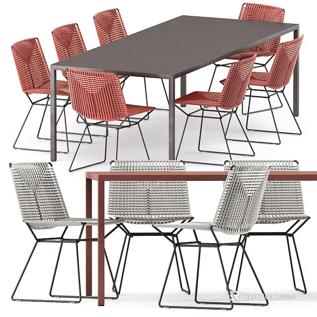 Modern Table And Chair Set With Woven Red Gray Chairs And Black Brown Tables 3d model 