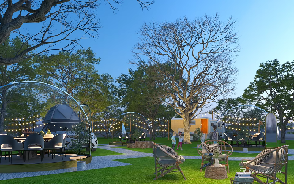Scenic Park Landscape With Tall Trees Green Lawn Circular Arches Outdoor Seating And String Lights 3d model 