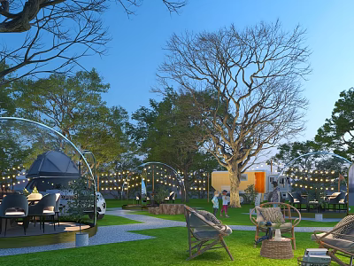 Scenic Park Landscape With Tall Trees Green Lawn Circular Arches Outdoor Seating And String Lights 3d model