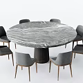 Modern Round Marble Dining Table Set With Six Gray Chairs Wooden Legs 3d model