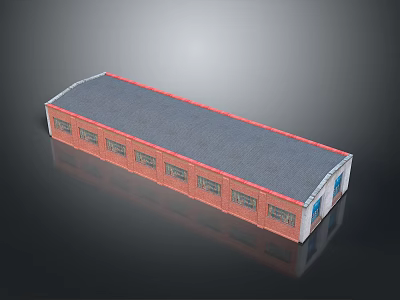 Red Brick Long Single Story Building With Gray Roof Blue Door And Windows 3d model