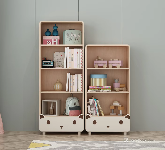 Cute Children's Bookcase With Animal Face Design Light Wood White Shelves With Books Toys Decorations 3d model 