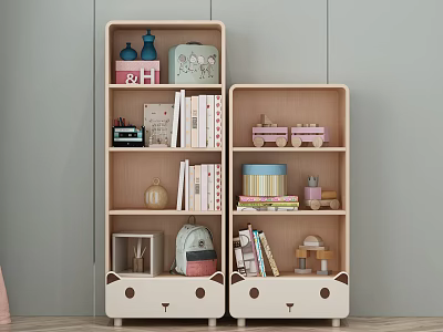 Cute Children's Bookcase With Animal Face Design Light Wood White Shelves With Books Toys Decorations 3d model