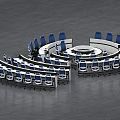 Monitoring Room Interior With Circular Layout Blue Chairs Workstations And Control Consoles