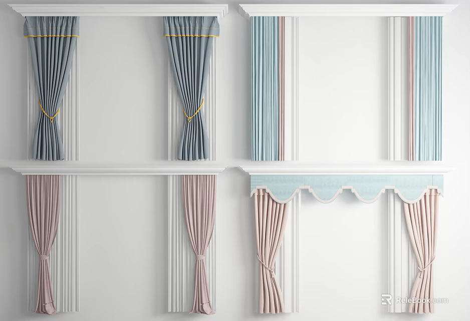 Blue and Pink Curtains with Tied Design and Scalloped Valance for Modern Home Interior Decor 3d model 