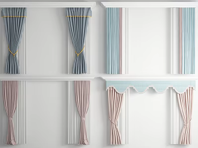 Blue and Pink Curtains with Tied Design and Scalloped Valance for Modern Home Interior Decor 3d model