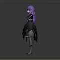 Woman With Long Purple Hair In Black Frilled Dress And Flower Headpiece Stretching Arms