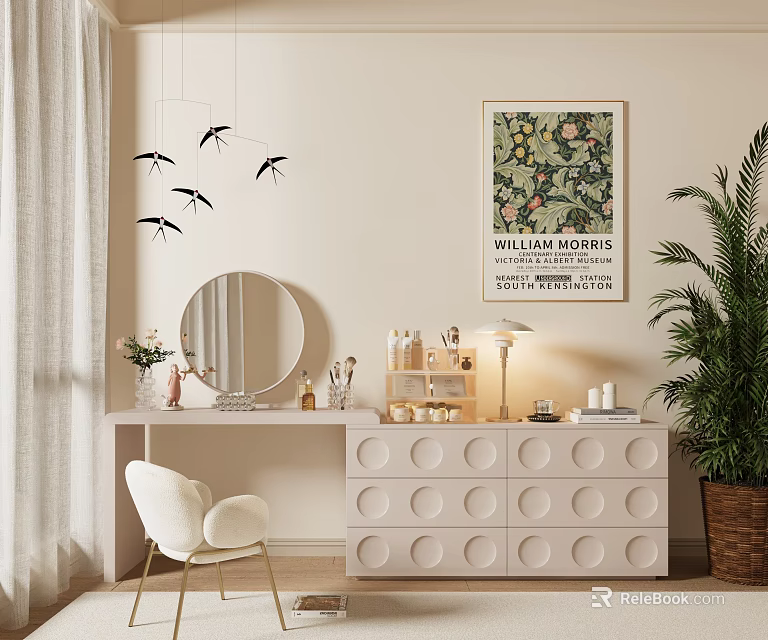 White Dressing Table With Circular Drawers Round Mirror Table Lamp And William Morris Poster 3d model 