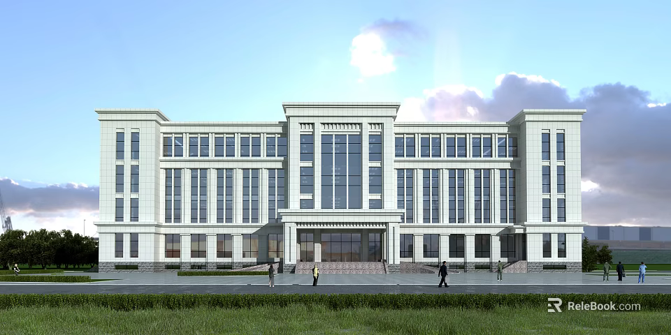 Elegant White Office Building Exterior With Large Windows Front Entrance And Lawn With People Walking 3d model 
