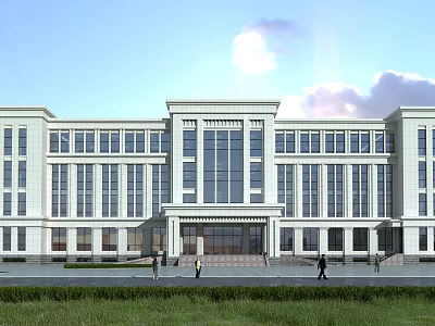 Elegant White Office Building Exterior With Large Windows Front Entrance And Lawn With People Walking 3d model