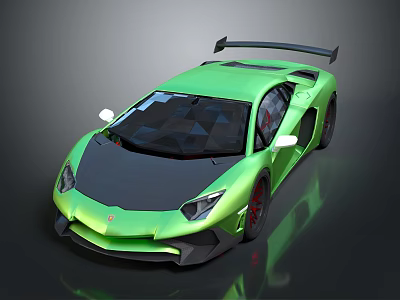 Green Supercar With Sleek Design Black Roof Red Wheels And Rear Spoiler 3d model