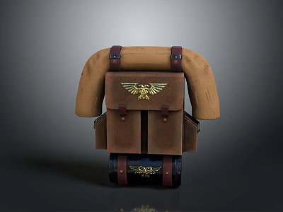 Adventurer Character Backpack With Golden Eagle Emblem Brown Leather Side Sleeves And Wheels 3d model