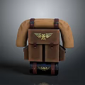 Adventurer Character Backpack With Golden Eagle Emblem Brown Leather Side Sleeves And Wheels