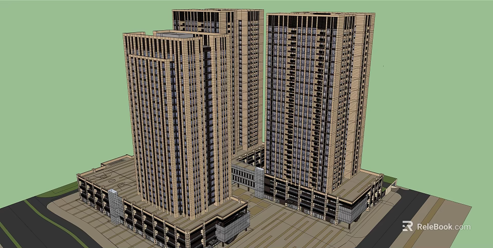 Modern High Rise Residential Buildings With Exterior Facade Design And Podium Structure 3d model 