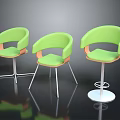 Three Green Leisure Chairs With Modern Padded Seats Wooden Armrests And Metal Bases