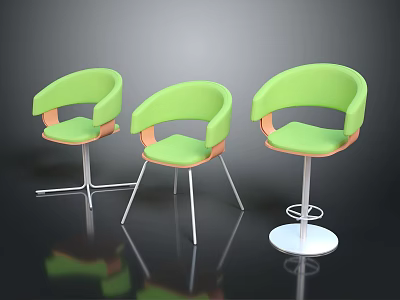 Three Green Leisure Chairs With Modern Padded Seats Wooden Armrests And Metal Bases 3d model