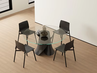 Modern Round Glass Top Dining Table Set with Four Black Chairs on Wooden Floor 3d model