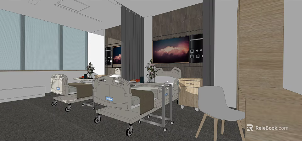 Hospital Room Interior With Two Beds Bedside Tables TV Window And Curtains 3d model 