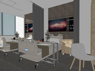 Hospital Room Interior With Two Beds Bedside Tables TV Window And Curtains 3d model