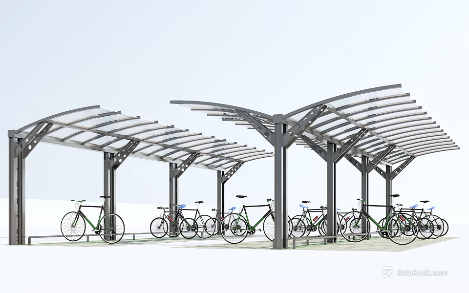 Outdoor Bike Canopy Structure With Metal Frame And Row Parking Design For Bicycles 3d model 