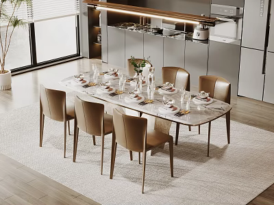 Modern Dining Table Set With Marble Top 6 Chairs Flower Vase And Kitchen Tableware 3d model