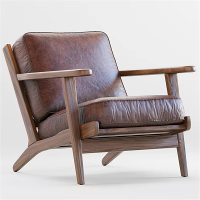 Modern Brown Leather Leisure Chair With Walnut Wooden Frame And Comfortable Design 3d model