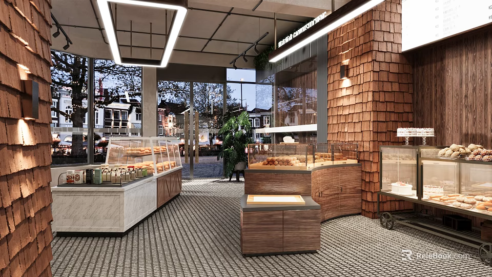 Dessert Shop Interior With Glass Display Cases Fresh Pastries Wooden Decor And Marble Countertops 3d model 