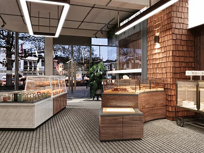 Dessert Shop Interior With Glass Display Cases Fresh Pastries Wooden Decor And Marble Countertops 3d model