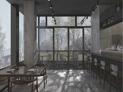 Modern Restaurant Interior With Large Windows Dining Tables Bar Counter Concrete Walls And Pendant Lights 3d model