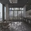 Modern Restaurant Interior With Large Windows Dining Tables Bar Counter Concrete Walls And Pendant Lights
