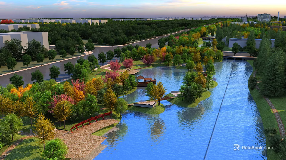 Scenic Waterfront Landscape With Colorful Trees Small Bridge Wooden Pavilion And River Reflections 3d model 