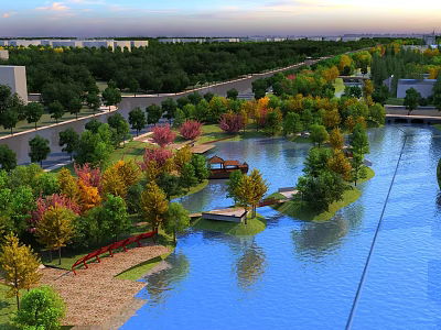 Scenic Waterfront Landscape With Colorful Trees Small Bridge Wooden Pavilion And River Reflections 3d model